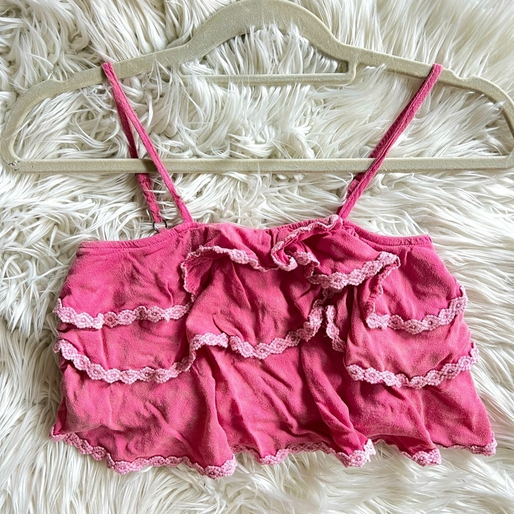 POL Ruffle Lace Crop Top L | Pink Smocked Boho Tank Adjustable Straps